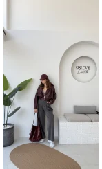 Dolly Bomber Beli Lastikli Kısa Deri Ceket - Bordo