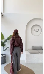 Dolly Bomber Beli Lastikli Kısa Deri Ceket - Bordo