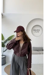 Dolly Bomber Beli Lastikli Kısa Deri Ceket - Bordo