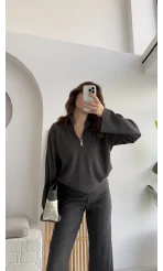 Drew Dik Yaka Fermuarlı Triko Takım - Antrasit