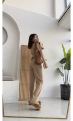 Drew Dik Yaka Fermuarlı Triko Takım - Camel