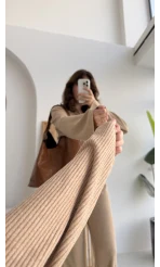 Drew Dik Yaka Fermuarlı Triko Takım - Camel