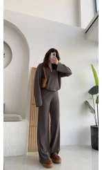 Drew Dik Yaka Fermuarlı Triko Takım - Kahve Vizon Tonları