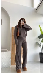 Drew Dik Yaka Fermuarlı Triko Takım - Kahve Vizon Tonları