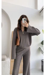 Drew Dik Yaka Fermuarlı Triko Takım - Kahve Vizon Tonları