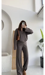 Drew Dik Yaka Fermuarlı Triko Takım - Kahve Vizon Tonları