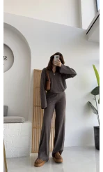 Drew Dik Yaka Fermuarlı Triko Takım - Kahve Vizon Tonları