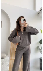 Drew Dik Yaka Fermuarlı Triko Takım - Kahve Vizon Tonları