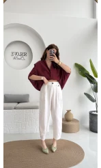 Düğme Detay Keten Pantolon - Beyaz - 50976