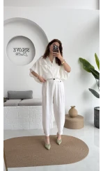 Düğme Detay Keten Pantolon - Beyaz - 50976