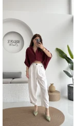 Düğme Detay Keten Pantolon - Beyaz - 50976