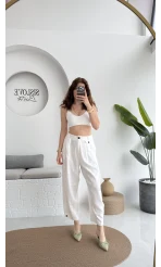 Düğme Detay Keten Pantolon - Beyaz - 50976