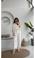 Düğme Detay Keten Pantolon - Beyaz - 50976