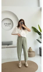 Düğme Detay Keten Pantolon - Çağla Yeşili - 50976