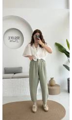 Düğme Detay Keten Pantolon - Çağla Yeşili - 50976