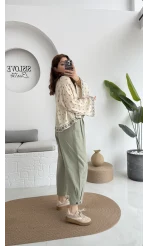 Düğme Detay Keten Pantolon - Çağla Yeşili - 50976