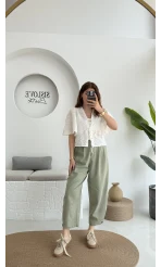 Düğme Detay Keten Pantolon - Çağla Yeşili - 50976