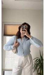 Düğme Detay Peluş Hırka Mavi