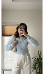 Düğme Detay Peluş Hırka Mavi