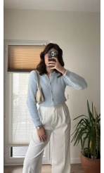 Düğme Detay Peluş Hırka Mavi