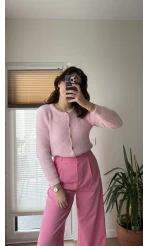 Düğme Detay Peluş Hırka Pembe