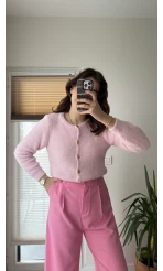 Düğme Detay Peluş Hırka Pembe