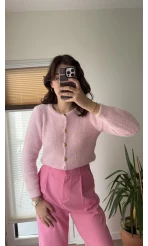 Düğme Detay Peluş Hırka Pembe