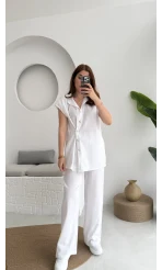 Düğme Detay Yelek Takım - 8613 - Beyaz