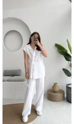 Düğme Detay Yelek Takım - 8613 - Beyaz