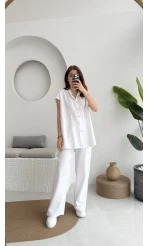 Düğme Detay Yelek Takım - 8613 - Beyaz