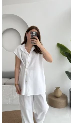 Düğme Detay Yelek Takım - 8613 - Beyaz