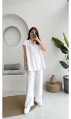 Düğme Detay Yelek Takım - 8613 - Beyaz