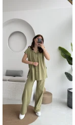 Düğme Detay Yelek Takım - 8613 - Haki