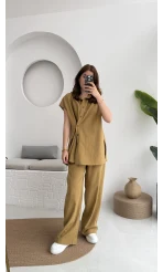 Düğme Detay Yelek Takım - 8613 - Hardal