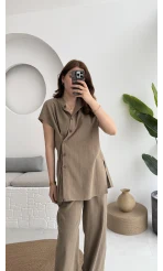 Düğme Detay Yelek Takım - 8613 - Vizon