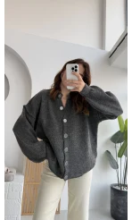 Düğmeli Balon Kol Hırka - Antrasit