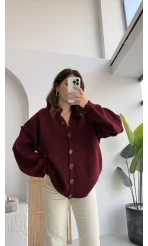 Düğmeli Balon Kol Hırka - Bordo