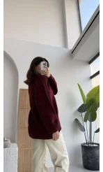 Düğmeli Balon Kol Hırka - Bordo