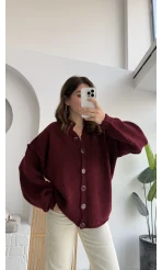 Düğmeli Balon Kol Hırka - Bordo