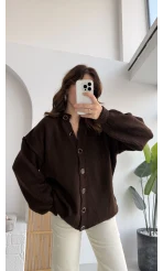 Düğmeli Balon Kol Hırka - Kahverengi