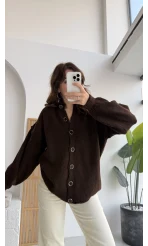 Düğmeli Balon Kol Hırka - Kahverengi