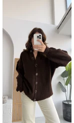 Düğmeli Balon Kol Hırka - Kahverengi