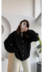 Düğmeli Balon Kol Hırka - Siyah