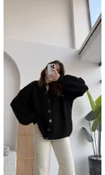 Düğmeli Balon Kol Hırka - Siyah