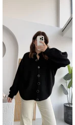 Düğmeli Balon Kol Hırka - Siyah