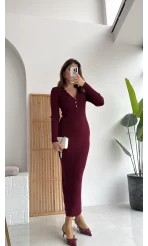 Düğmeli Bordo Triko Fitili Elbise