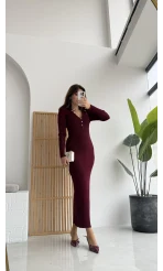 Düğmeli Bordo Triko Fitili Elbise