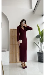 Düğmeli Bordo Triko Fitili Elbise