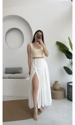 Düğmeli Etek Astarlı Beyaz