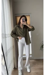 Düğmeli Likralı İspanyol Jean - Beyaz